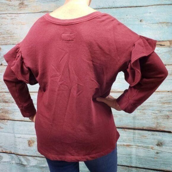 CURRENT ELLIOT Burgundy Ruffled Sleeve Sweatshirt Comfy Lightweight Size M NWOT - Picture 6 of 7